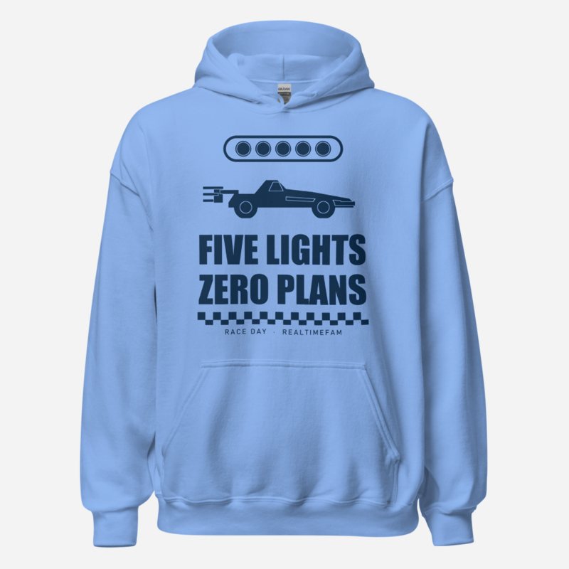RealTimeFam Five Lights, Zero Plans Game Night Hoodie in Carolina Blue