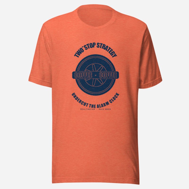 RealTimeFam Two-Stop Strategy Fan Zone Tee in Heather Orange