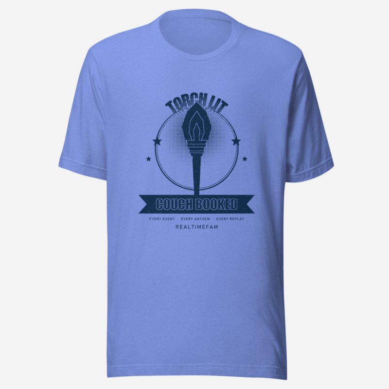 RealTimeFam Torch Lit Couch Booked Fan Zone Tee Heather Columbia Blue