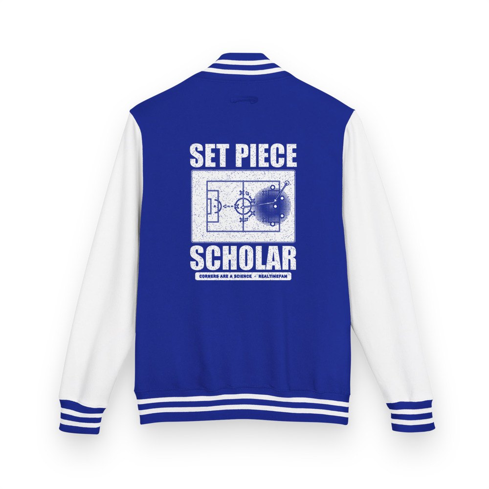 RealTimeFam Set Piece Scholar Varsity Jacket in Royal Blue/Arctic White